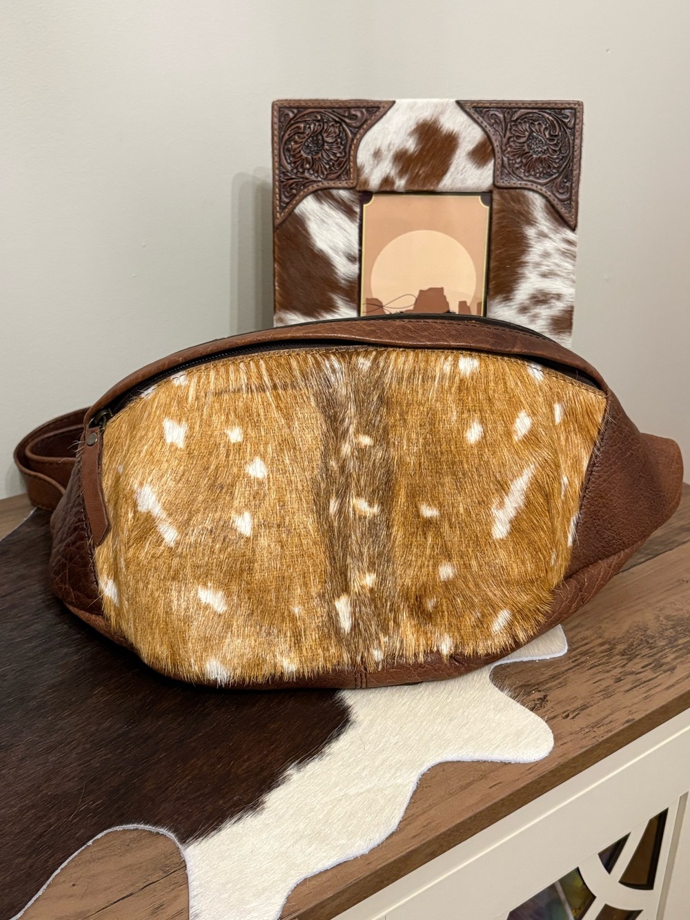 American Darling Axis hide Fanny pack/sling bag with tooled leather top